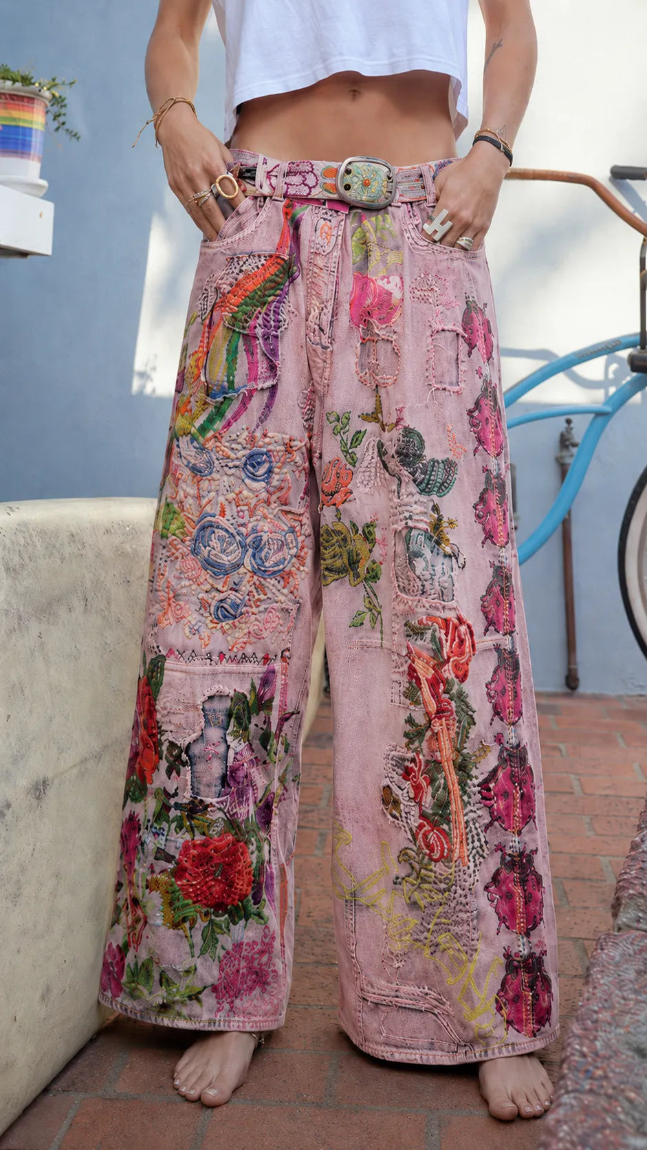 Bohemian Patchwork Floral Embroidered Wide Leg Jeans - Vintage Baggy Denim Pants