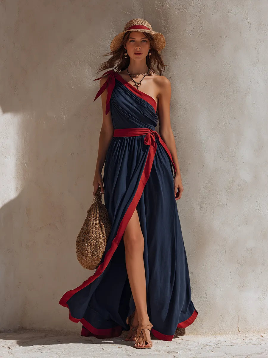 Vacation-Style Navy Blue One-Shoulder Slit Sleeveless Maxi Dress