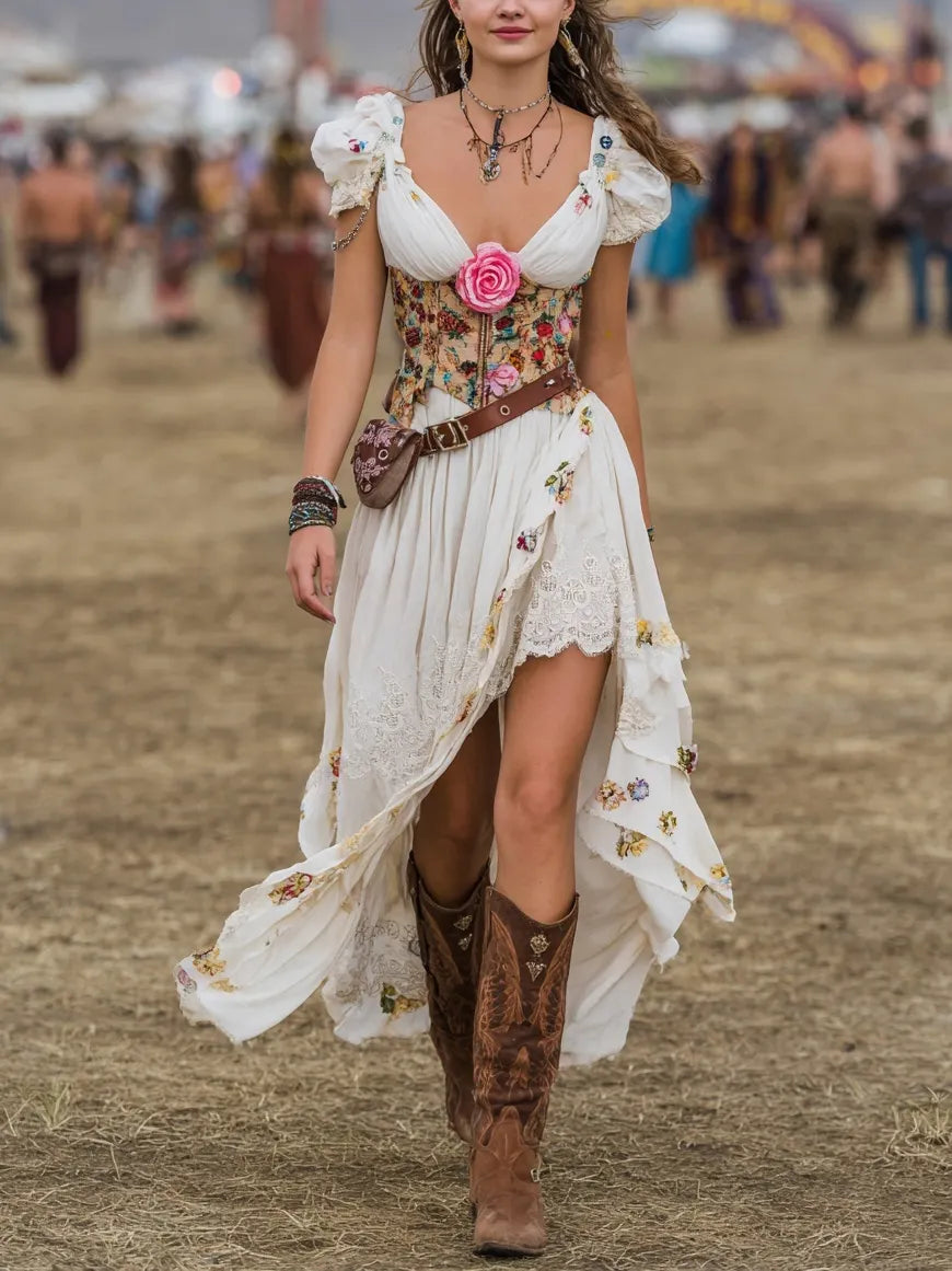Cotton Floral Embroidered Boho Maxi Dress With Corset Detail And Asymmetric Hem For Festival Wear