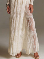 Boho High Neck Keyhole Cutout Smocked Waist Tiered Ruffle Lace Maxi Dress