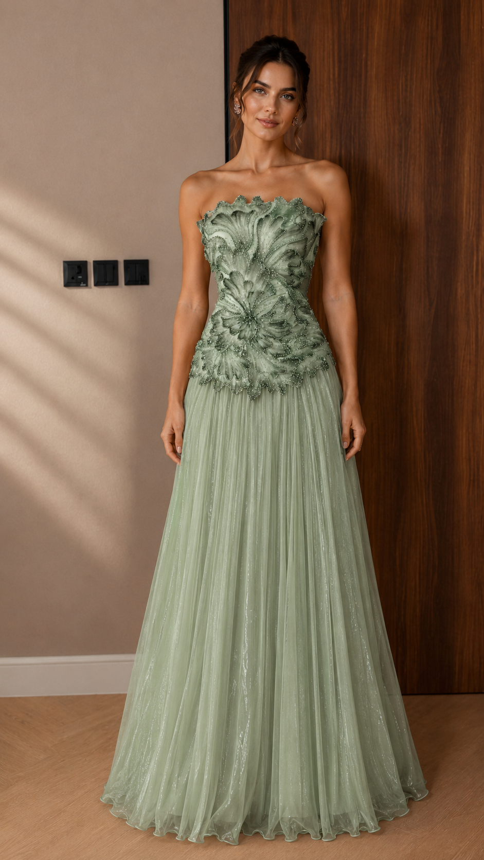 Strapless Appliqué Tulle Evening Gown - Pleated A-Line Formal Maxi Dress