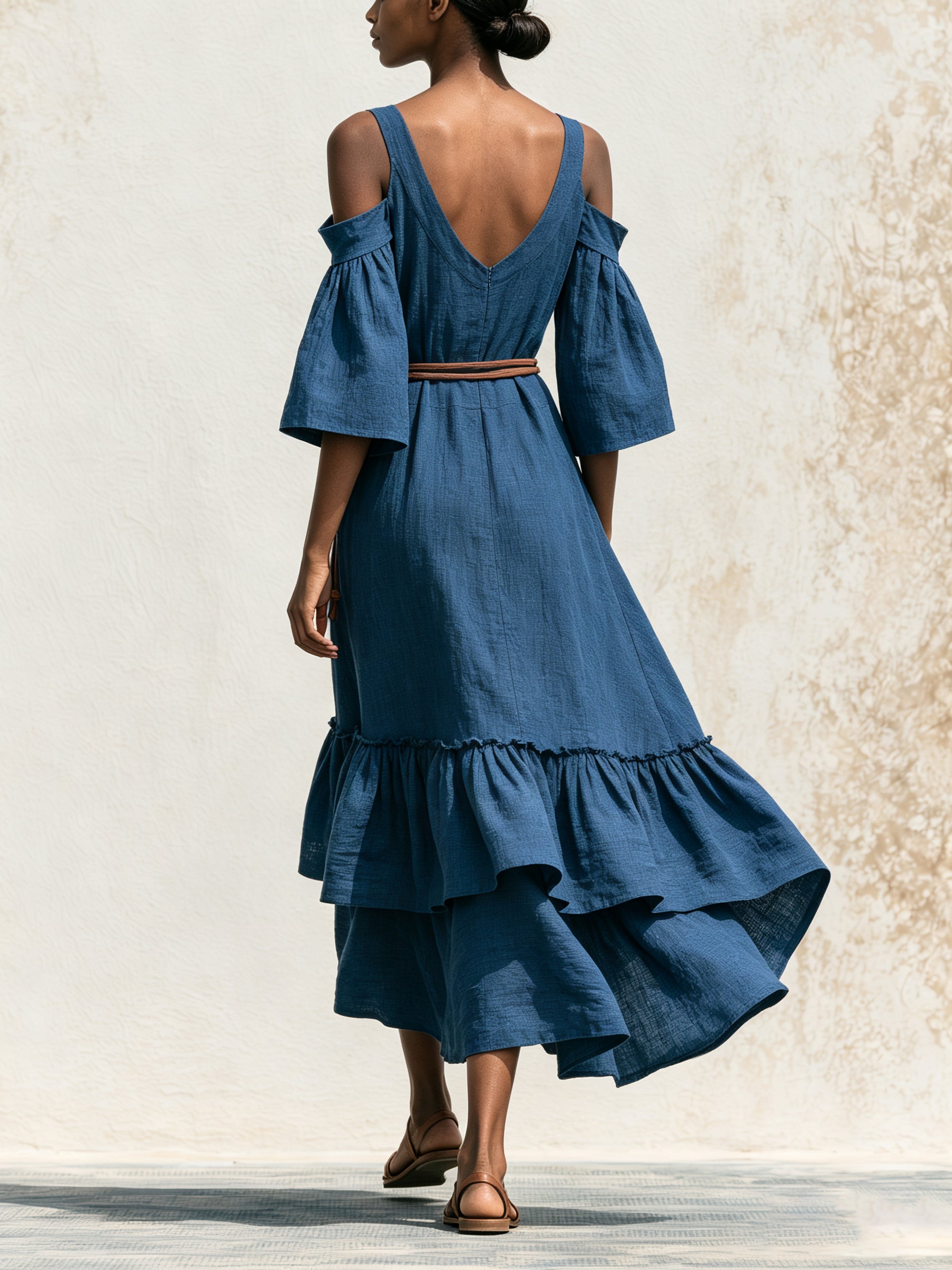 Women’s Blue Linen Maxi Dress – Off Shoulder Ruffle Dress With Waist Tie