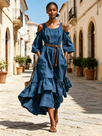 Women’s Blue Linen Maxi Dress – Off Shoulder Ruffle Dress With Waist Tie