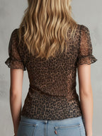 Boho Chic Sheer Leopard Print Ruffle Blouse