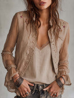 Vintage Sheer Sleeves Embroideried Cotton-linen Blazer