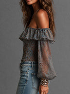 Boho Paisley Print Off-Shoulder Ruffle Sheer Puff-Sleeve Top