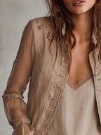 Vintage Sheer Sleeves Embroideried Cotton-linen Blazer