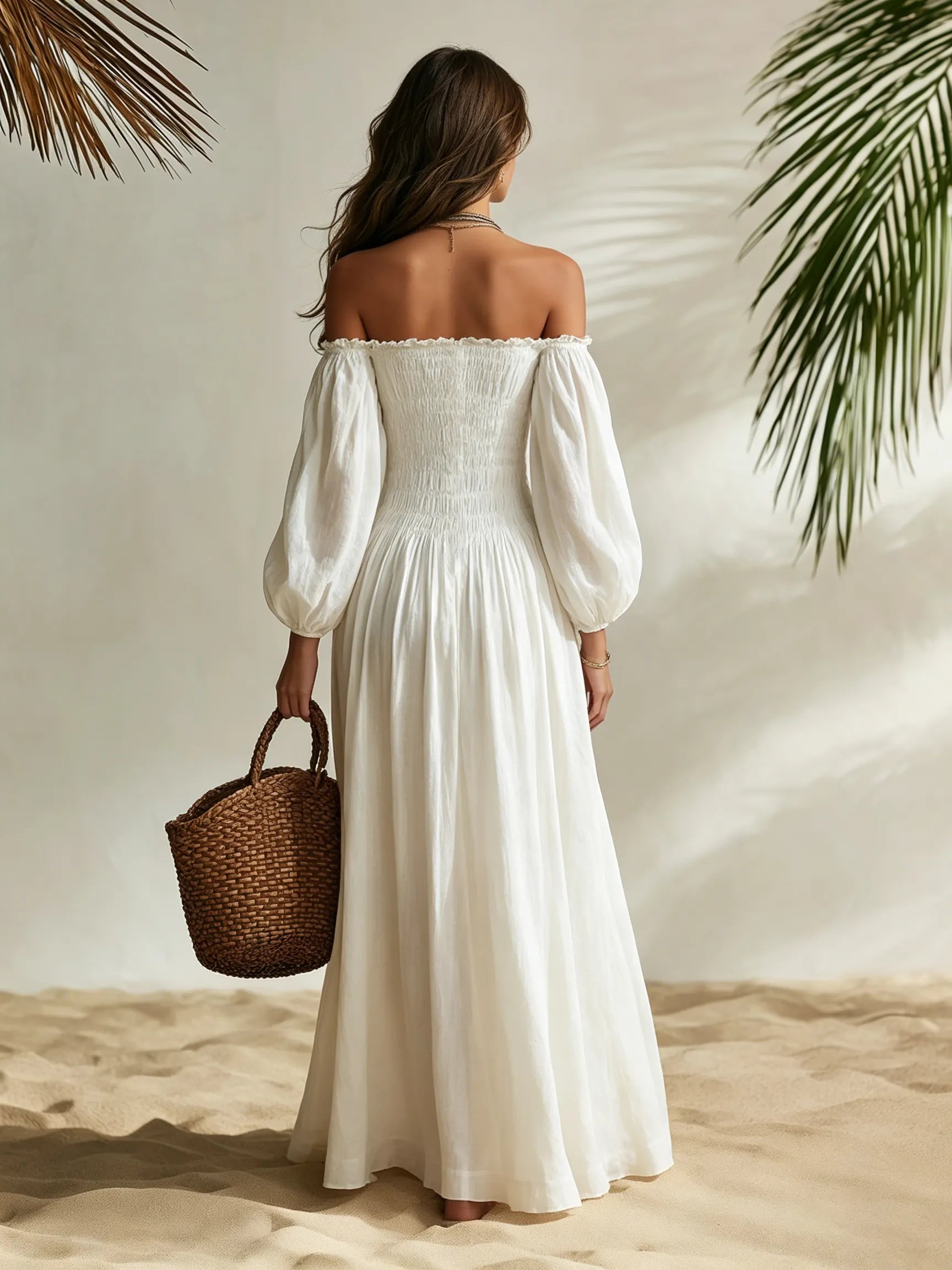 Resort-style Puff-sleeved Off-shoulder Maxi Dress