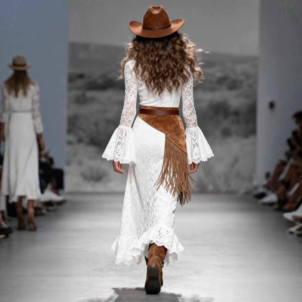 Cowgirl Outfit Women's Retro Western Country Lace-Up Trumpet Sleeve Long Lace Dress