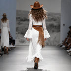 Cowgirl Outfit Women's Retro Western Country Lace-Up Trumpet Sleeve Long Lace Dress