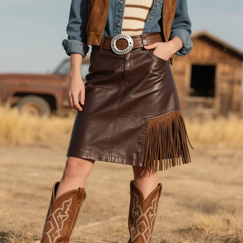 Women's Western Country Bohemian Leather Skirt With Fringe