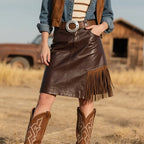 Women's Western Country Bohemian Leather Skirt With Fringe