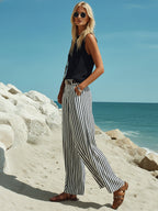 Casual Vacation Black Cotton Linen Sleeveless Vest And Black And White Vertical Striped Wide-Leg Pants Set