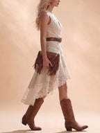 Western Dress — Cream Two-Piece Look Lace Patchwork Midi Dress