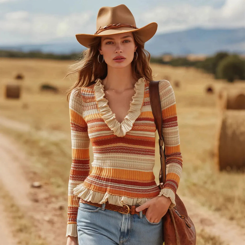 Women's Vintage Autumnal Striped Ruffle Sweater