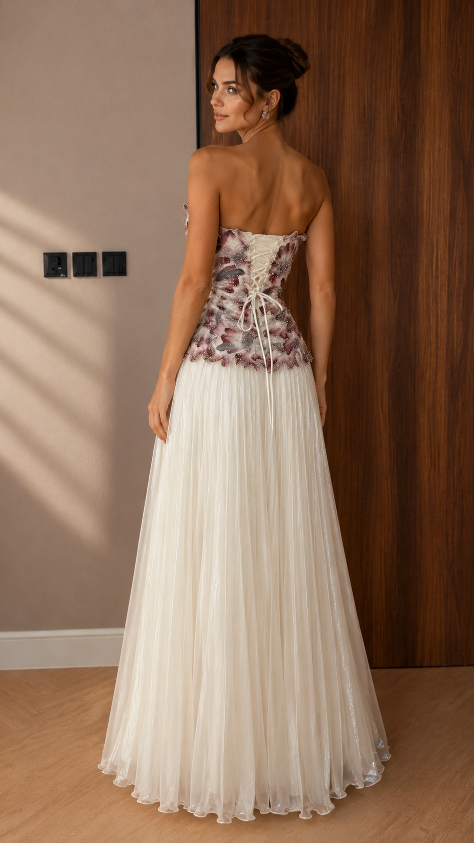 Strapless Appliqué Tulle Evening Gown - Pleated A-Line Formal Maxi Dress