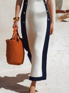 Retro Vacation Decorative Buttons Color-Block Knitted Midi Dress