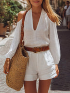 Minimalist Old-money Style V-neck Long Sleeve Cotton Linen Vest And Shorts Set