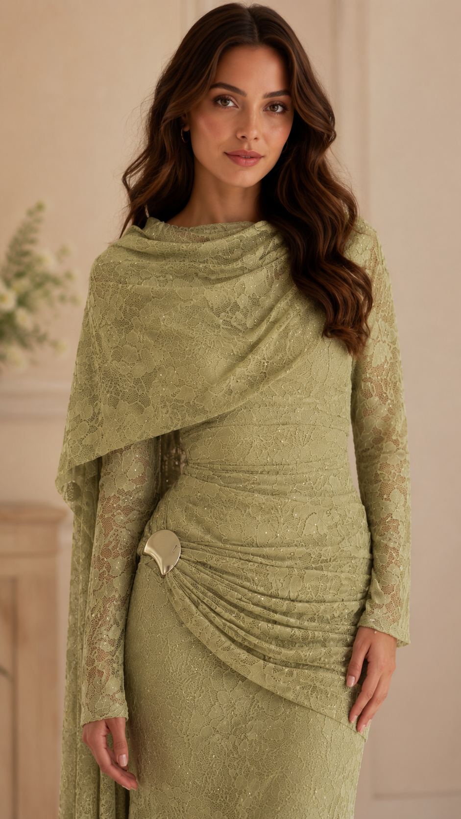 Lace Draped Cape Sleeve Maxi Evening Dress