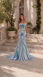 Strapless Floral Appliqué Mermaid Evening Gown