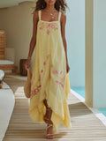 Resort Pale Lemon Floral Embroidered Linen Maxi Dress