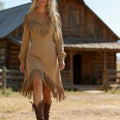 Woman's Western Cowboy Faux Suede Fringe Midi Dress With Long Sleeves And V-Neck