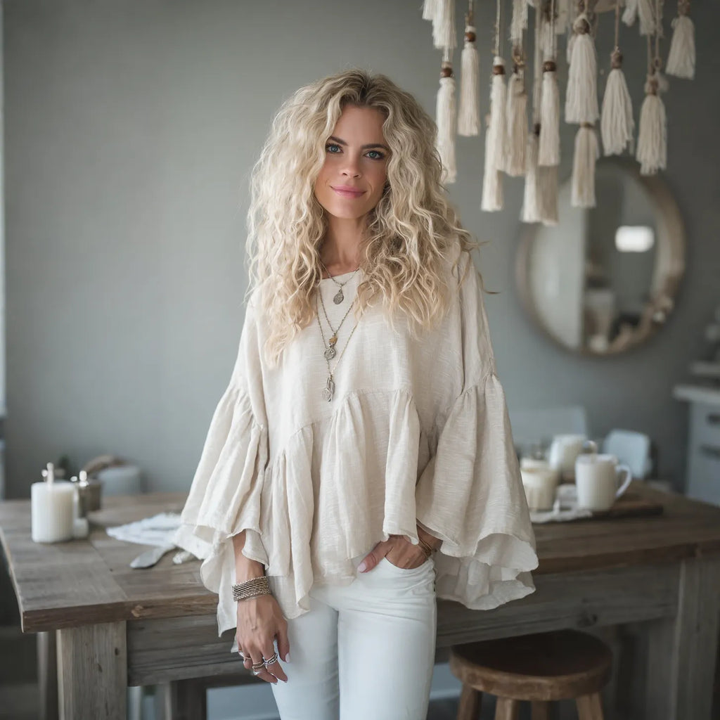 Women's Elegant, Loose-fitting, Comfortable, Breathable Linen Round Neck Flared Sleeve Long-sleeved Top