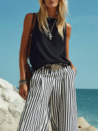Casual Vacation Black Cotton Linen Sleeveless Vest And Black And White Vertical Striped Wide-Leg Pants Set