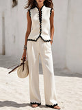Resort-style Sleeveless Top With Wavy Hem And Linen Trousers Set