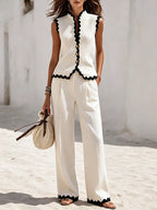 Resort-style Sleeveless Top With Wavy Hem And Linen Trousers Set