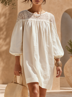 Old Money Vacation Lace-Panelled Cotton-Linen Long-Sleeve Mini Dress