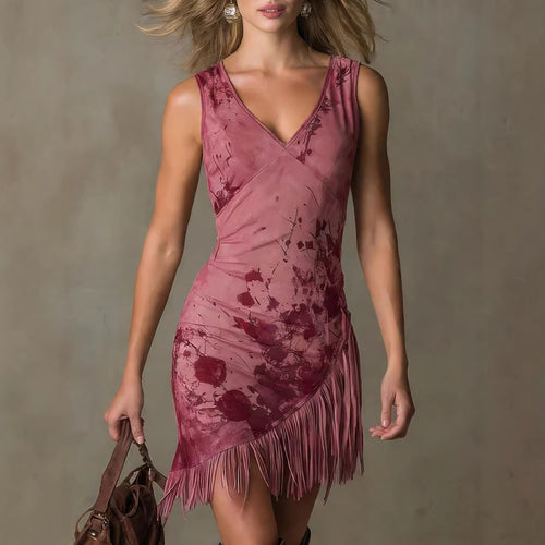 Coachella Outfit Women Soft Knit V-Neck Western Fringe Mini Dress With Abstract Print And Asymmetrical Hem