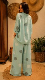 Washed Polka Dot Linen Blend Set - Oversized Button-Up Shirt & High-Waisted Wide Leg Pants Co-ord
