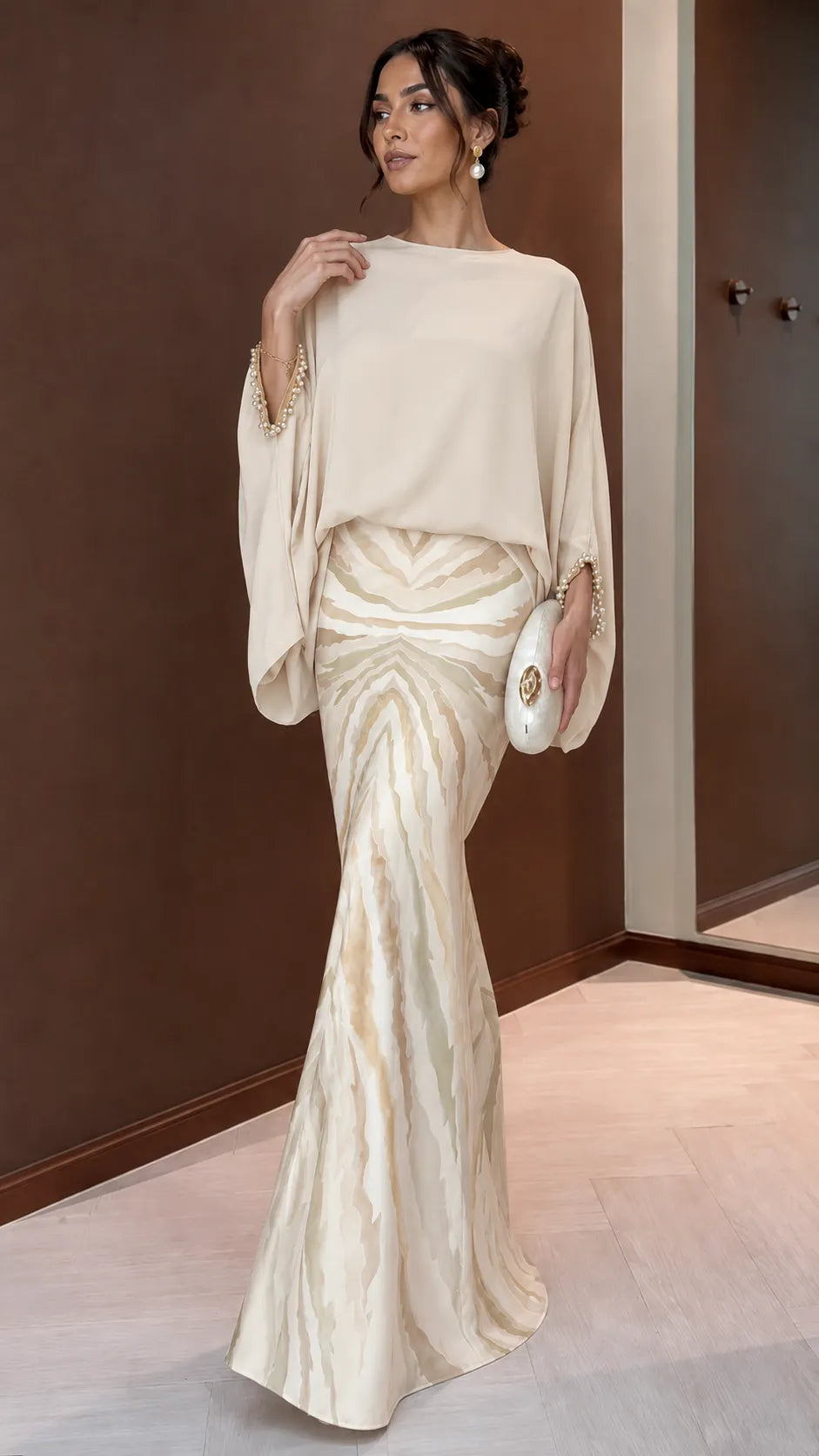 Boho Chic Color Block Maxi Dress - Oversized Top & Mermaid Printed Skirt Set with Bracelet Sleeves