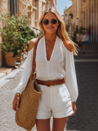 Minimalist Old-money Style V-neck Long Sleeve Cotton Linen Vest And Shorts Set