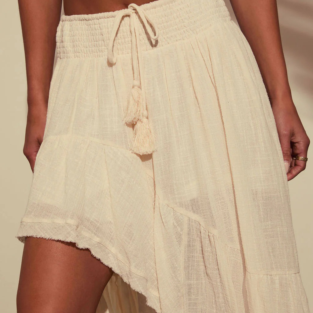 Western Spring Outfits Cotton Linen Blend High Low Tiered Maxi Skirt With Drawstring Waist And Tassel Detail