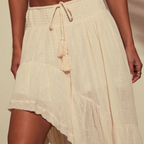 Western Spring Outfits Cotton Linen Blend High Low Tiered Maxi Skirt With Drawstring Waist And Tassel Detail