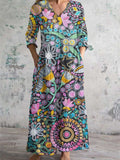 Women's V-Neck Floral Landscape Art Print Cotton And Linen Pocket Dress