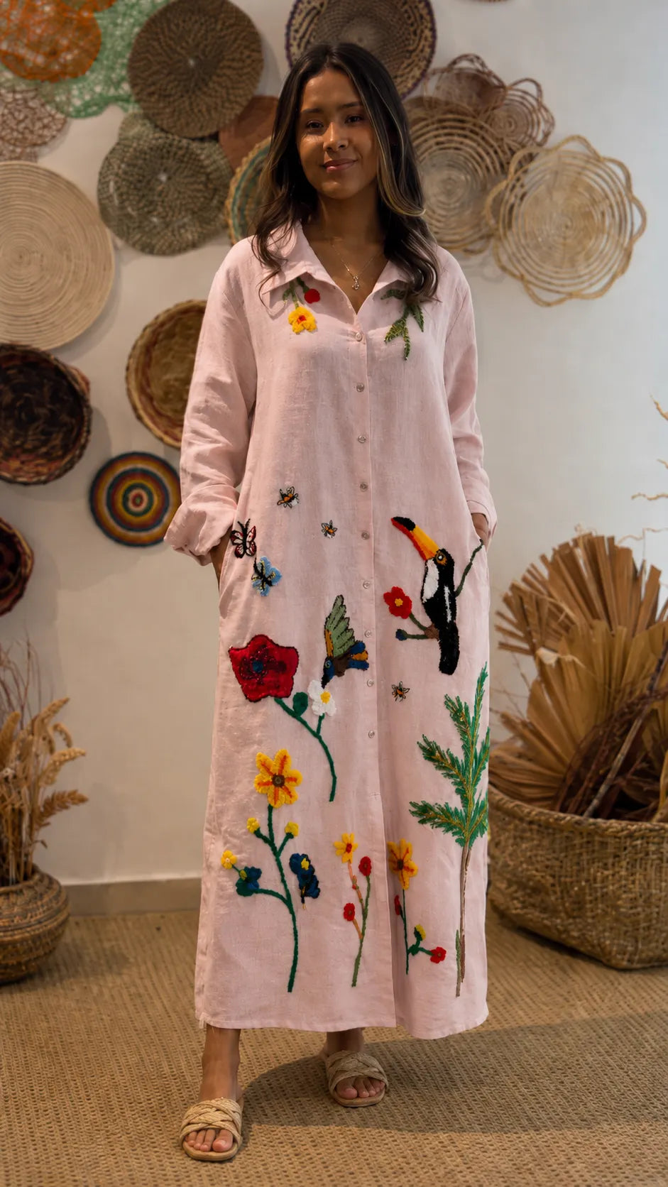 Boho Embroidered Oversized Shirt Dress - Long Sleeve Button Down Maxi Dress with Tropical Bird & Floral Print