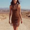 Faux Suede Fringe Dress With High Neck And Cut-Out Detail - Boho Chic Mini Dress For Women