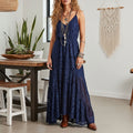 Women's Fashion Spring/Summer Bohemian Style Navy Blue Water-soluble Lace V-neck Floor-length Dress