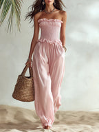 Resort-style Strapless Lettuce-edge Jumpsuit
