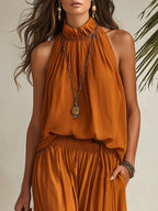 Resort-style Sleeveless A-line Top And Trousers Set