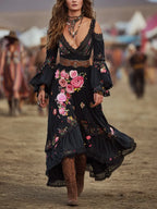 Black Floral Embroidered Bohemian Maxi Dress With Off-Shoulder Bell Sleeves And Layered Skirt For Women