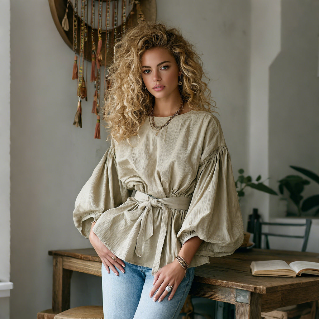 Women's Elegant Loose Comfortable Breathable Pleated Linen Puff Sleeve Long-sleeved Top