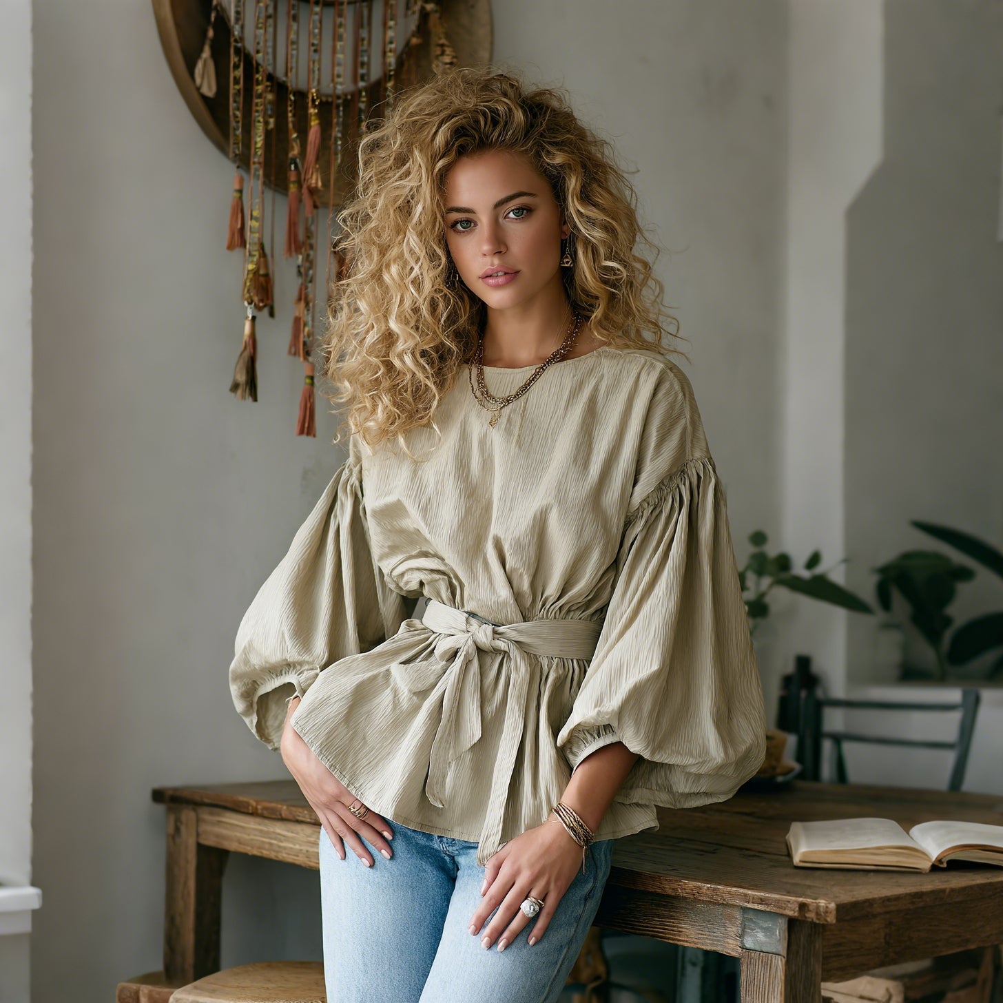 Women's Elegant Loose Comfortable Breathable Pleated Linen Puff Sleeve Long-sleeved Top