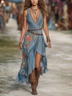 Denim Floral Embroidered Boho Maxi Dress With Deep V-Neck And Asymmetric Hem
