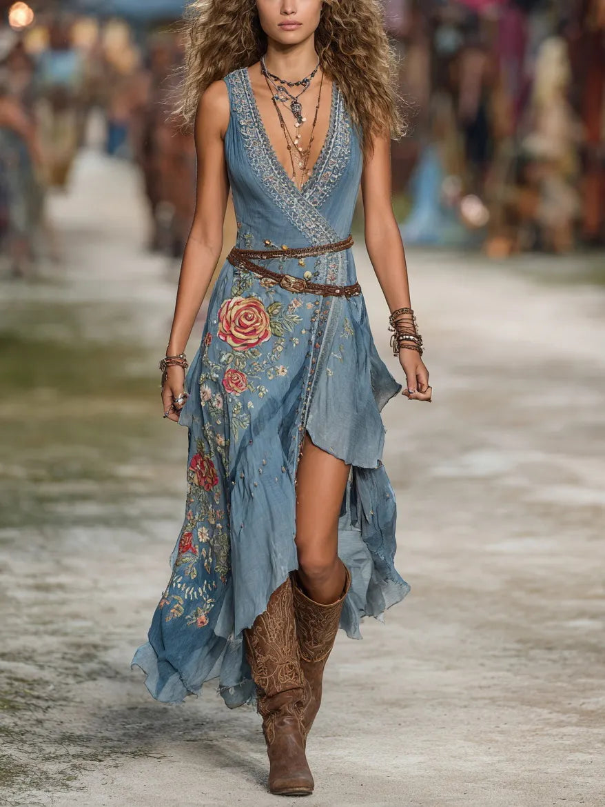 Denim Floral Embroidered Boho Maxi Dress With Deep V-Neck And Asymmetric Hem