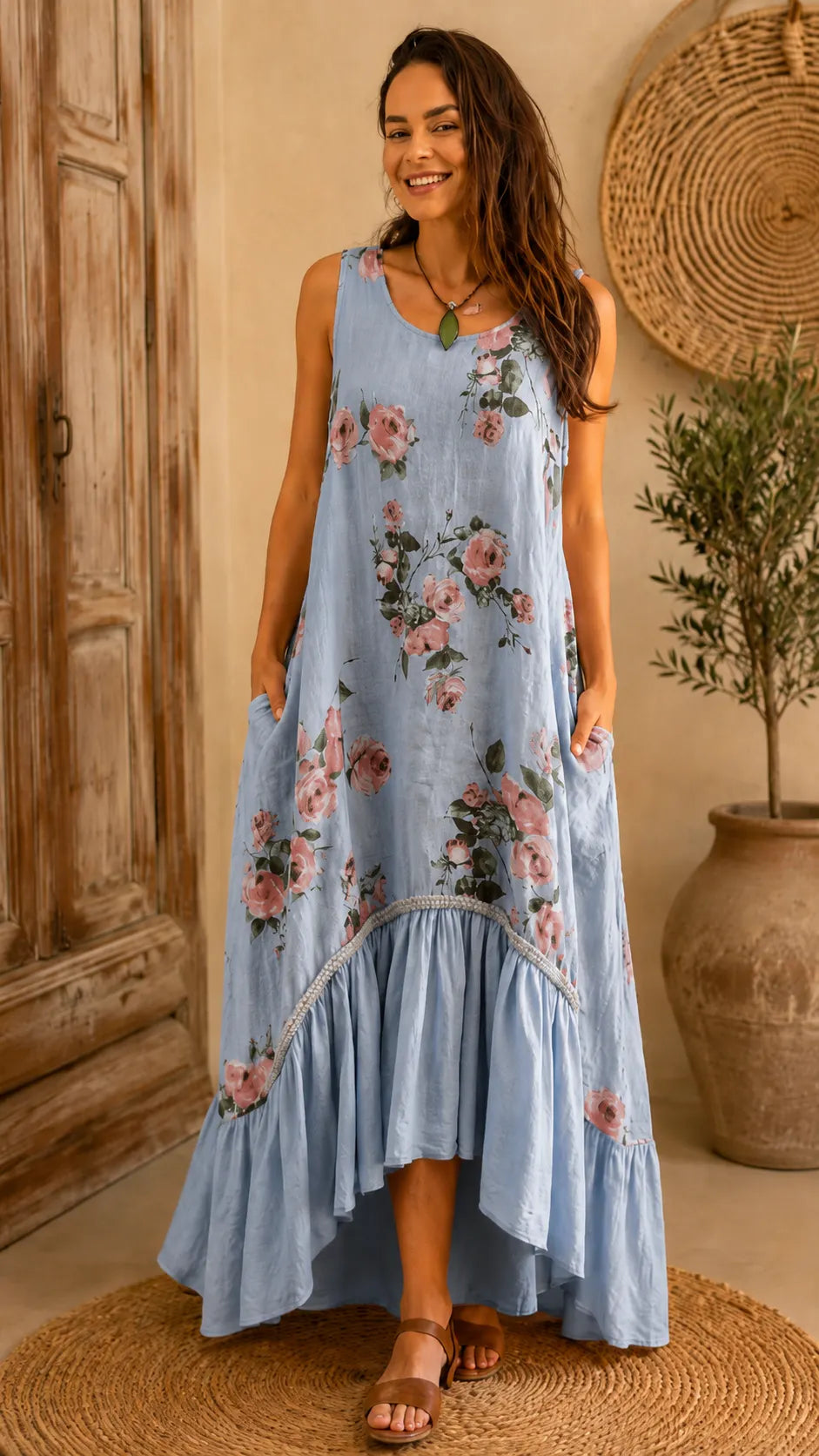 Boho Floral Print Sleeveless Maxi Dress - V-Neck High-Low Ruffle Hem Summer Dress