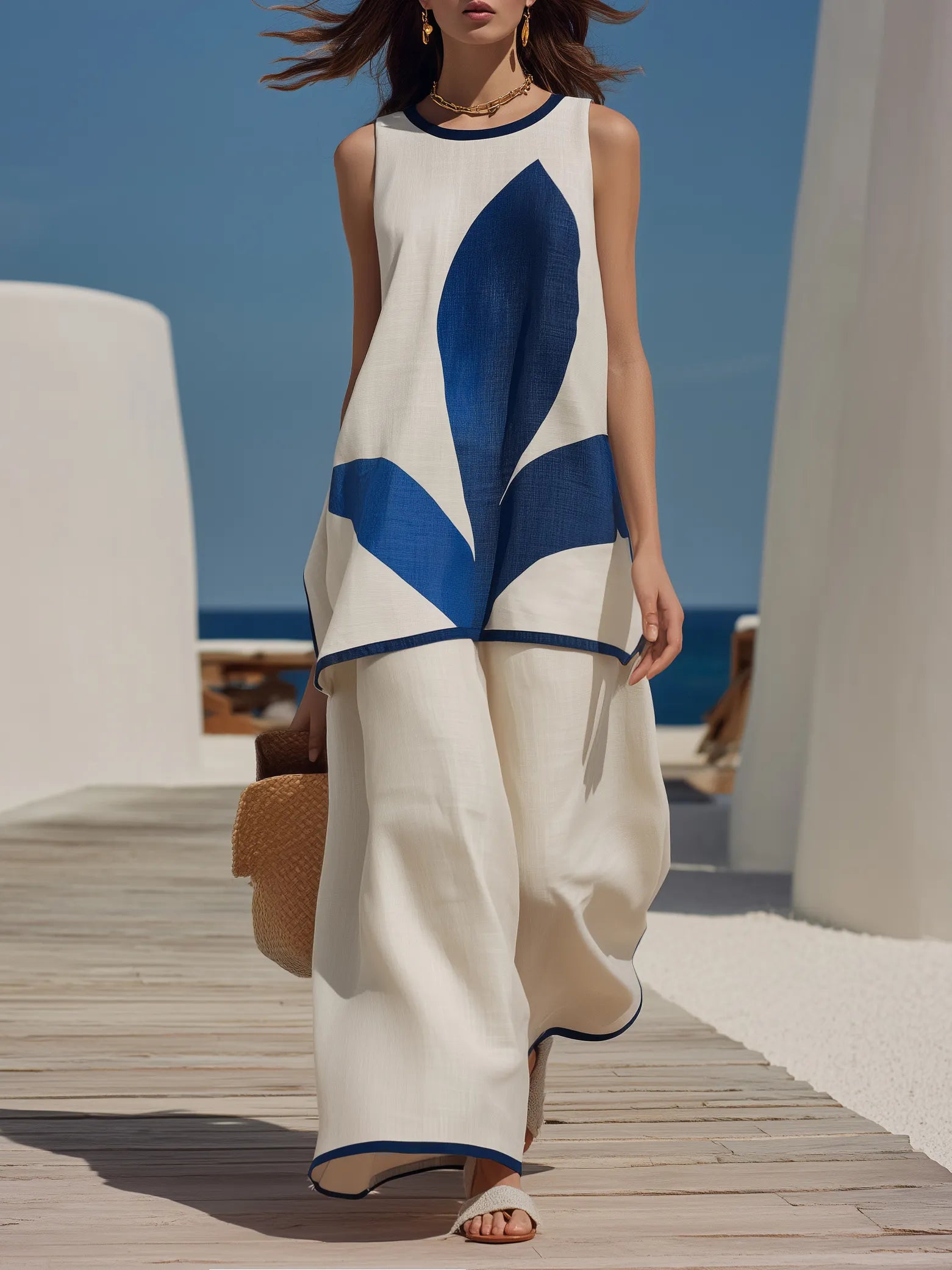 Cycladic Navy Leaf Print Linen-Blend Sleeveless Two-Piece Vacation Set